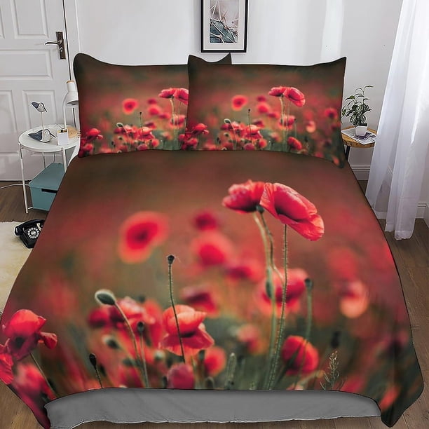 Juego de funda nórdica Poppy 3D para niños y adolescentes, juego de ropa de cama de 3 piezas con estampado botánico, funda de edredón con fundas de almohada de microfibra suave.