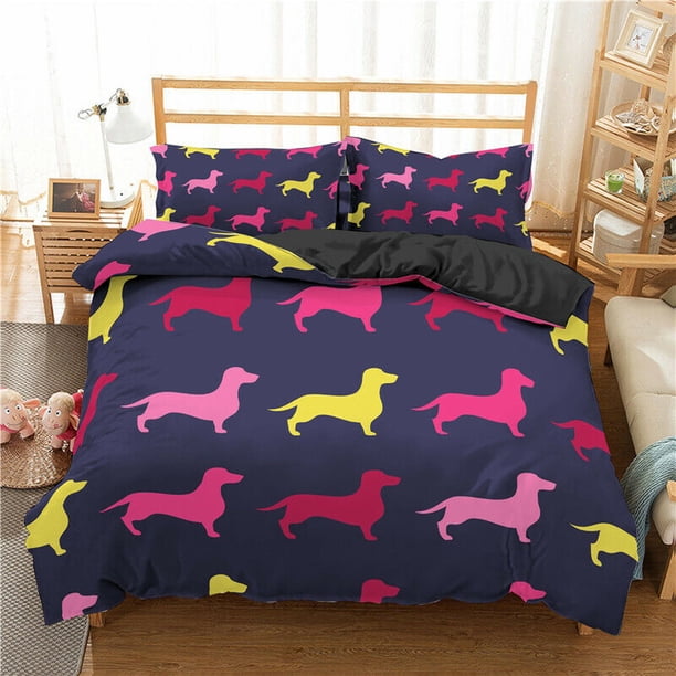 Cartoon Dachshund Bedding Duvet Quilt Set & Pillowcase Sgingle Double 3-Piece Bedding Set
