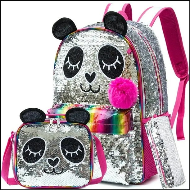 3PCS Backpack for Girls 16" 3pcs School Backpacks with Lunch Box for Elementary Students Travel Sequin Backpack for Girls
