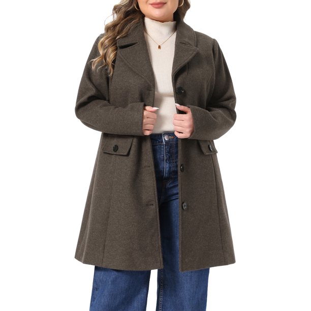 Abrigo de guisante para mujer de talla grande Agnes Orinda con cuello con solapa, trench de un solo pecho, abrigo de otoño e invierno de longitud media con bolsillos 1X Café