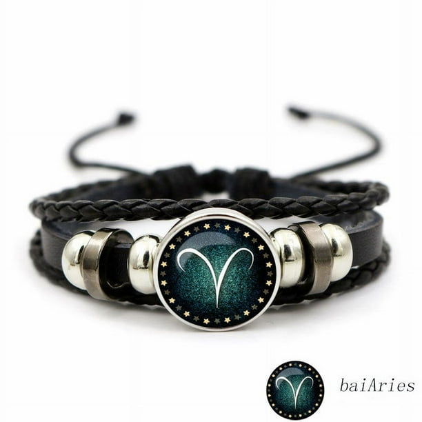 Luminous Twelve Constellation Artificial Gemstone Bracelet ,Beaded Rope PU Leather 12 Constellation Woven Bracelet
