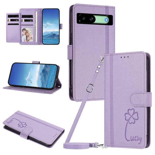 Funda Cartera Trébol para Google Pixel 8A con Ranuras Tarjetas y Carga Inalámbrica Morado claro