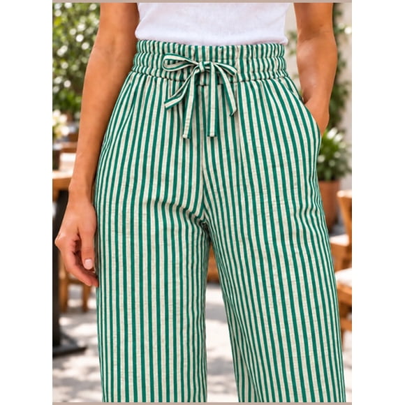 Pantalón Palazzo Mujer Rayado Tiro Alto Cintura Elástica Verde oliva