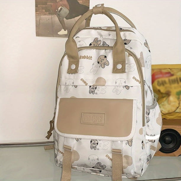 Cartoon Bunny Print Backpack, Kawaii Preppy Students Schoolbag, Casual Nylon Travel Laptop Shoulder Rucksack