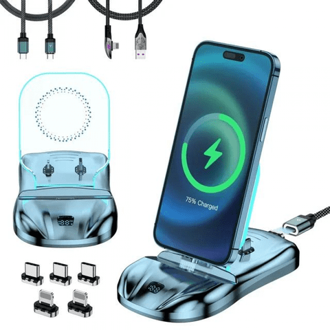 Genérico - Estación De Carga Magnética 3 En 1 100W Cargador Rápido Con Usb-C Y Cable Para Iphone 15/14/13, Soporte De Teléfono, Almohadilla De Carga Inalámbrica.-Azul