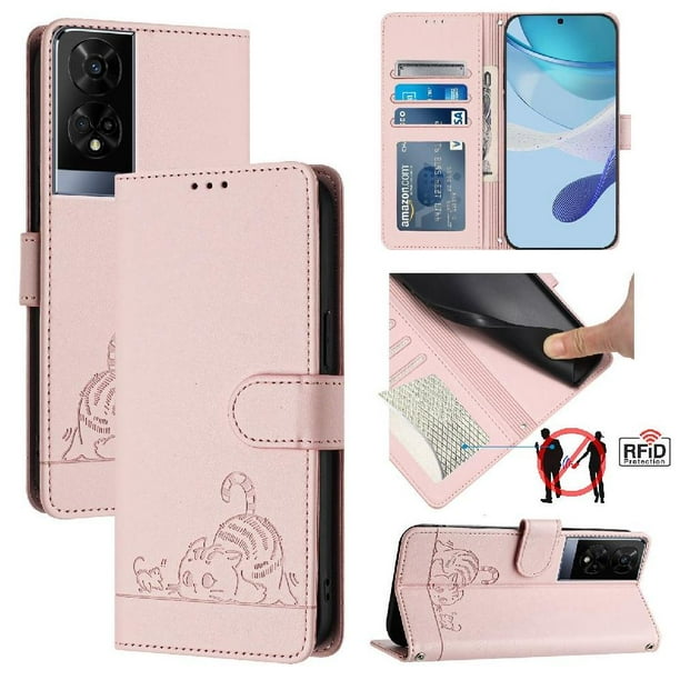 Funda tipo cartera FOXDOCK para TCL 50XE 5G con soporte, ranuras, RFID, diseño de gato
