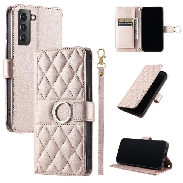 Funda Acolchada con Anilla y Correa para Samsung Galaxy S21 Slots para Tarjetas Oro rosa