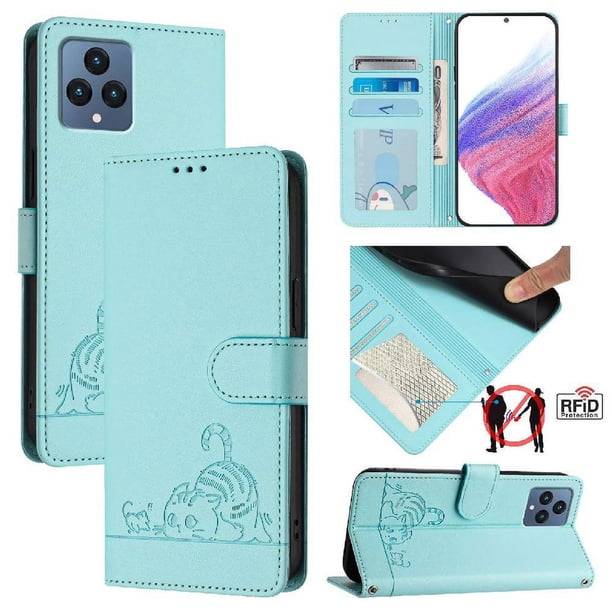Funda tipo cartera FOXDOCK para T-Mobile Revvl 6X 5G con soporte, ranuras, RFID, diseño de gato