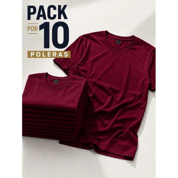 Pack 10 Poleras Basicas 100% Algodon Cuello Redondo 200g Burdeo S Lisa
