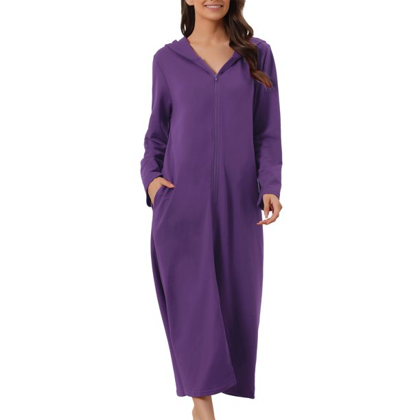 INSPIRE CHIC Bata con Capucha para Mujer con Cremallera, Manga Larga, Largo Completo, Sudadera, Camisón con Bolsillos, Vestido Suave para Estar en Casa, Talla M, Púrpura Oscuro