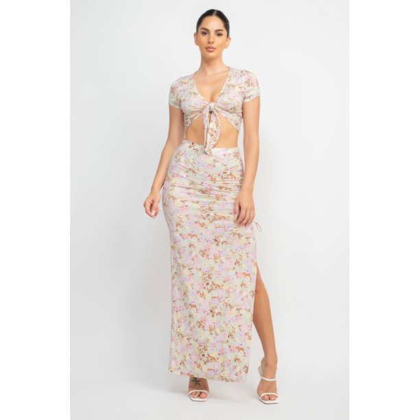 Conjunto de Top Floral con Nudo Frontal y Falda Larga Fruncida, Bebé Salvia S