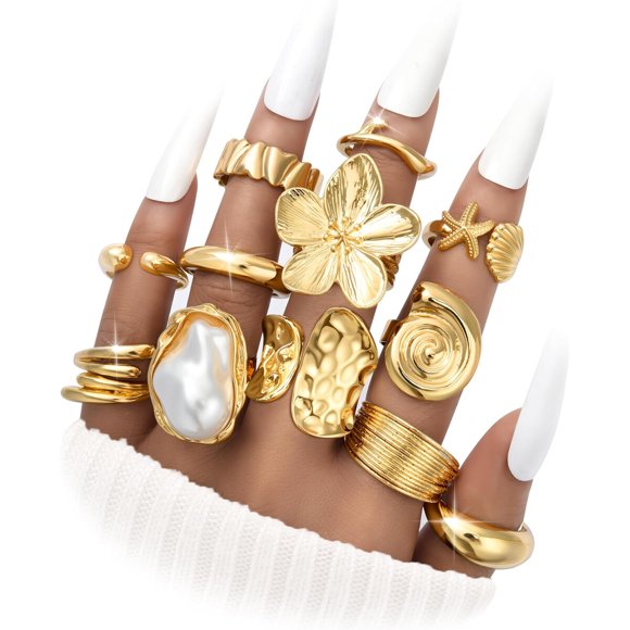 FAXHION 12 anillos llamativos chapados en oro para mujer