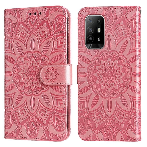Funda tipo cartera FOXDOCK para OPPO A94 5G , diseño girasol en relieve, cuero PU, cierre magnético, soporte y tarjetero