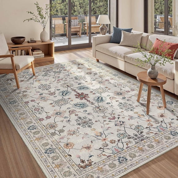 Alfombra Area Rugxara Floral Boho Vintage de 5 x 7 pies, gris, lavable