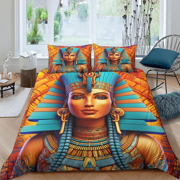 Juego de ropa de cama de 3 piezas con funda nórdica de estampado digital tridimensional de faraón, funda nórdica de arte griego, funda de almohada a juego con cierre de cremallera y funda su