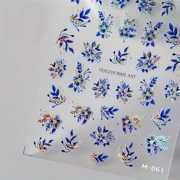 5D Embossed Flower Nail Stickers for Acrylic Nails - Blue and White Design Flower Nail Art Decals for Beautiful and Easy Nail Art