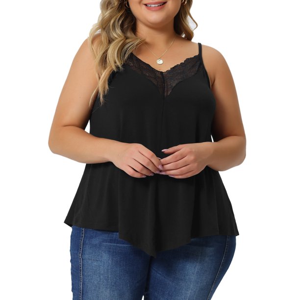 Agnes Orinda Conjuntos de Halloween Tallas Grandes Escuela Colegio Cami Tank para Mujeres Escote en V Encaje Frontal Camiseta de Tirantes Sin Mangas 1X Negro