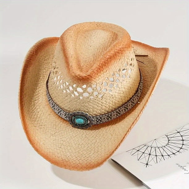 Boho Western Cowboy Straw Hat - Hand Woven Faux Jade Chain Decor Hat for Women, Men, and Unisex - Perfect for Summer Beach and Casual Wear
