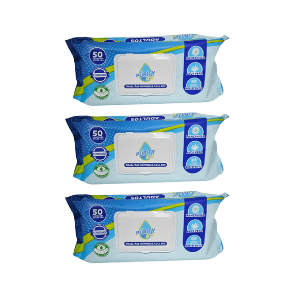 Pack 3 Toallitas Húmedas Adulto Purity Eco 50 Un , Extra Grande .