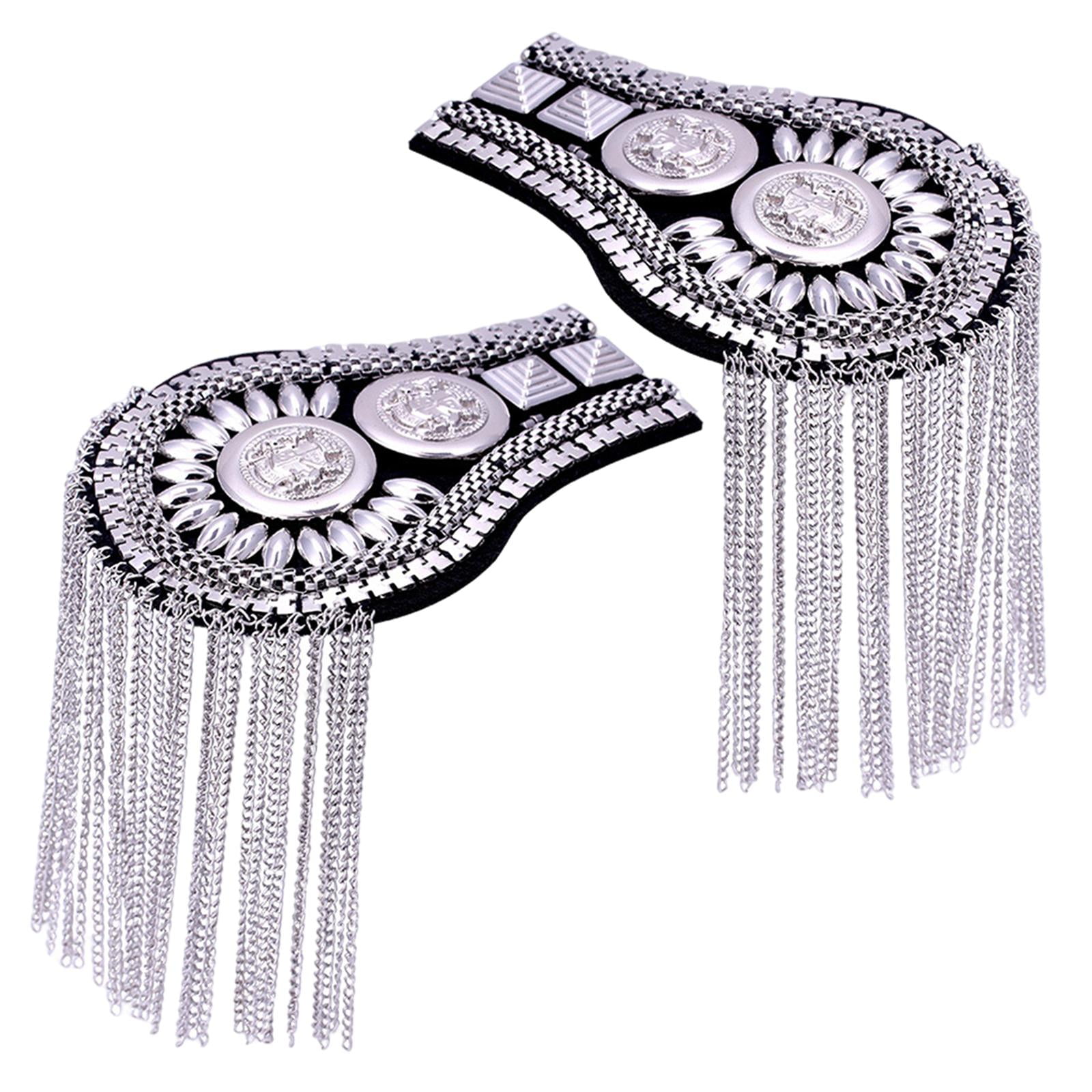 Magideal - 2 Piezas Charreteras Flecos Borla Joyería Aleación Broche Hombrera Punk Hombro Charretera Para Chaqueta Halloween Disfraces Mujeres Hombres , Plata
