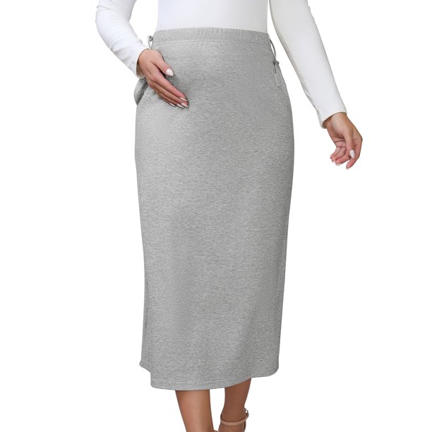 INSPIRE CHIC Falda Larga de Maternidad para Mujeres de Cintura Alta Línea A con Vuelo y Fluida Casual para Embarazo 2XL Gris