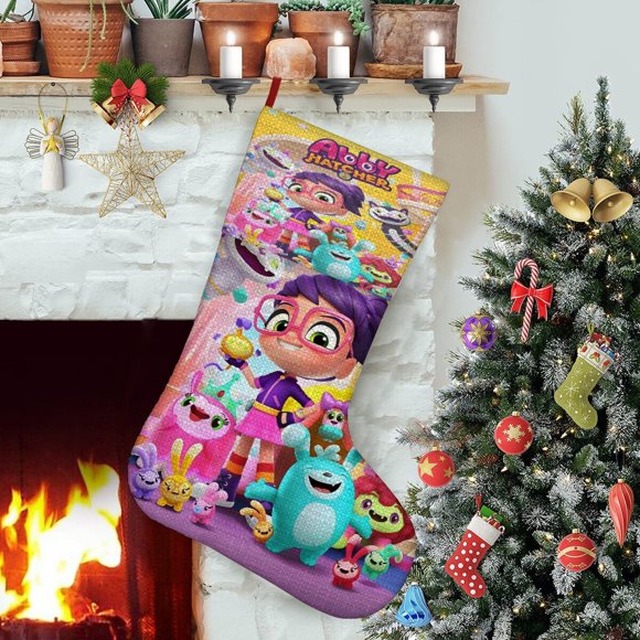 Abby Hatcher Tema: Calcetines de Navidad, fino lino blanco para colgar en escaleras y chimenea, decoración navideña para el hogar, regalo de Navidad. 54cm × 38cm