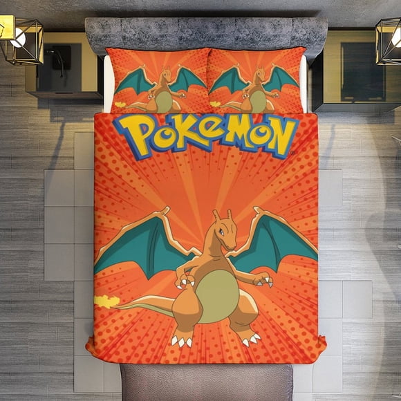 Pokmon Charizard 3 Piece Sets Reversible Microfiber Quilts with Shams Soft Lightweight Bedspread Coverlet Comforter