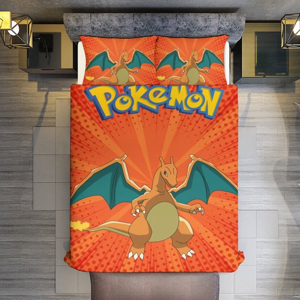 Pokmon Charizard 3 Piece Sets Reversible Microfiber Quilts with Shams Soft Lightweight Bedspread Coverlet Comforter