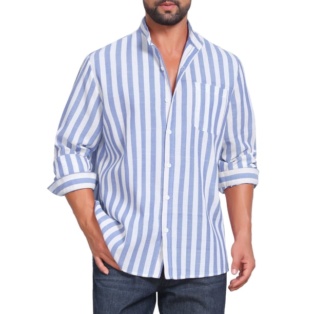 INSPIRE CHIC Camisas de Vestir a Rayas con Bolsillo en el Pecho para Hombre de Cuello Mao y Manga Larga con Botones 2XL Azul Claro