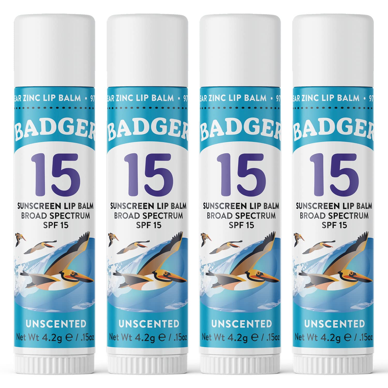 Bálsamo Labial Protector Solar Badger Spf 15 Mineral, Paquete De 4 Unidades, Tamaño Viaje