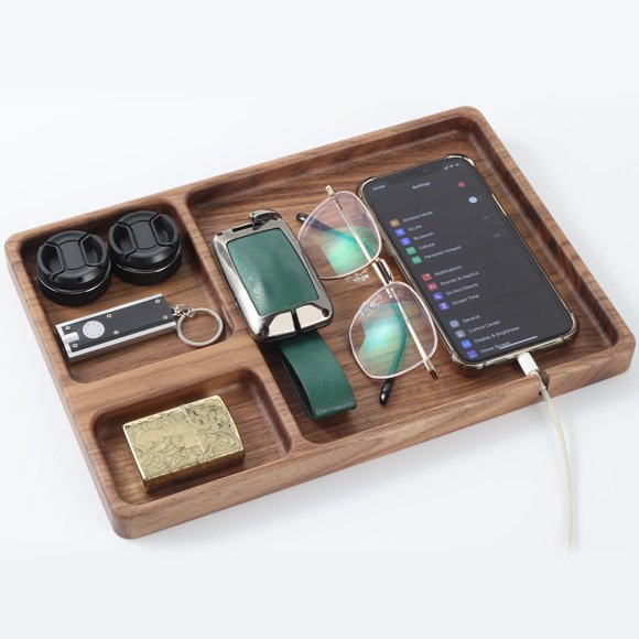 Bandeja organizadora SEEDWAVE 29 × 20 × 2 cm con ranura para cables, madera de nogal