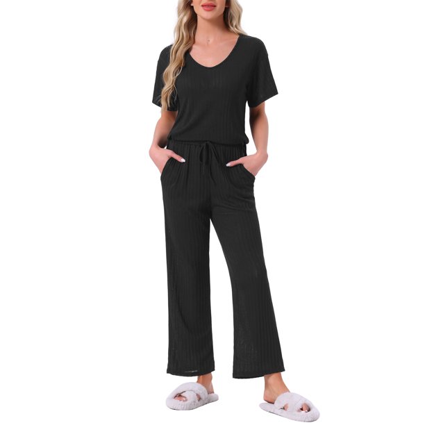INSPIRE CHIC Conjunto de Pijama para Mujer de Punto Acanalado con Manga Corta, Parte Superior con Abertura Lateral y Pantalones, Conjunto de Dos Piezas para Estar en Casa con Bolsillos L Negro