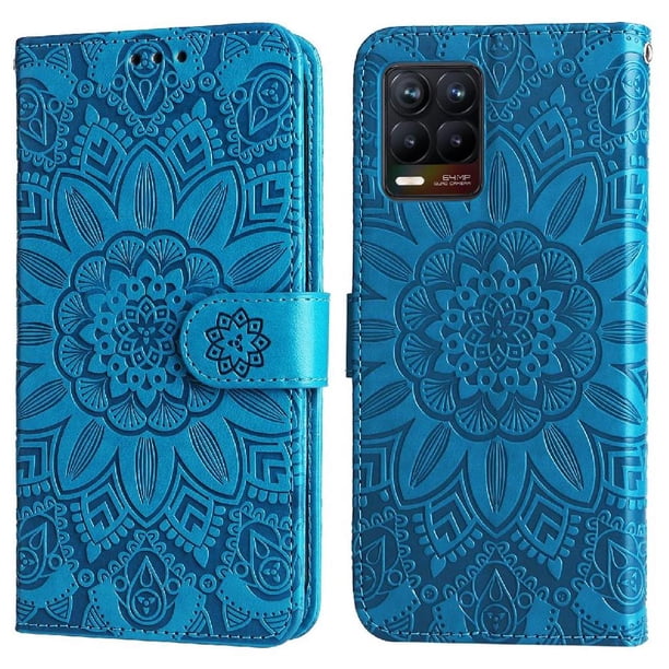 Funda tipo cartera FOXDOCK para Realme 8 4G , diseño girasol en relieve, cuero PU, cierre magnético, soporte y tarjetero