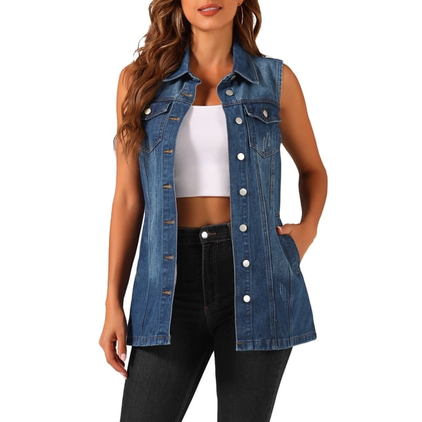 INSPIRE CHIC Chaleco de Mezclilla para Mujer sin Mangas con Botones de Largo Medio Casual Chaleco de Jean Azul Oscuro L