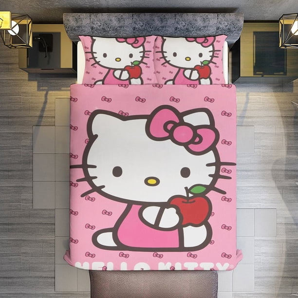 Hello Kitty holding apple Comforter Twin SizeComforter Set for Kids Girls3Pcs Bedding Set Printed Comforter with 2 PillowcasesDown AlternativeSoft and Lightweight Bed Sheets