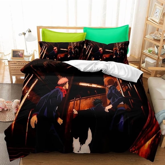 Anime- 3D Cartoo-n Cute Juj-utsu -Kai-sen 3 P-iece Anime Gir-l Comf-orter Set Boy-s and Girl-s Bed-ding Set -Super Soft Co-mforter Zipp-er 2 P-illowcas-es for Girl-s Boys