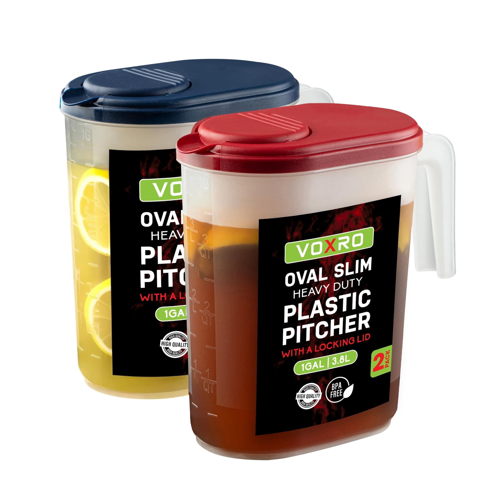 Jarras De Plástico De 1 Galón (3,78 L) Con Tapas, Paquete De 2 Unidades Voxro Azules Y Rojas