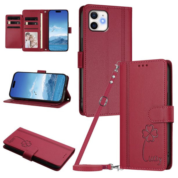 Funda Cartera Trébol para iPhone 12/12 Pro con Ranuras Tarjetas y Carga Inalámbrica Rojo