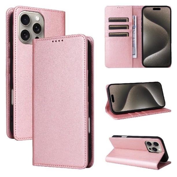 Funda Cartera para iPhone 15 Pro Max con Ranuras Tarjetas y Soporte - Protección Completa Oro rosa