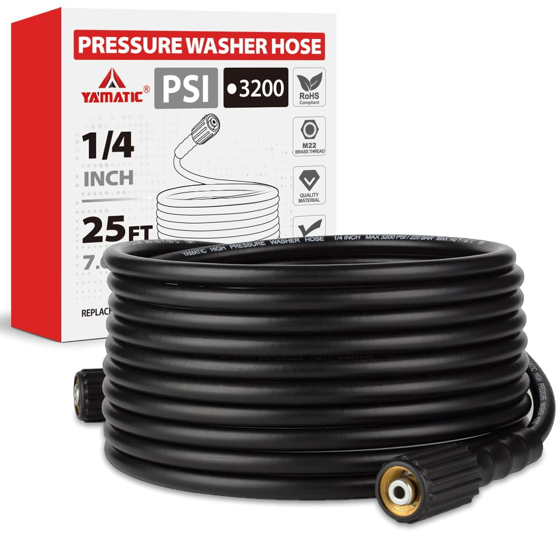 Manguera Para Lavadora A Presión Yamatic De 25 Pies X 1/4 3200 Psi Con Accesorios