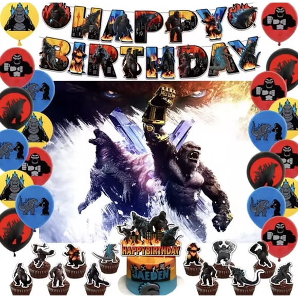 Kit Decoracion Cumpleaños Godzilla King Kong Tela Fondo