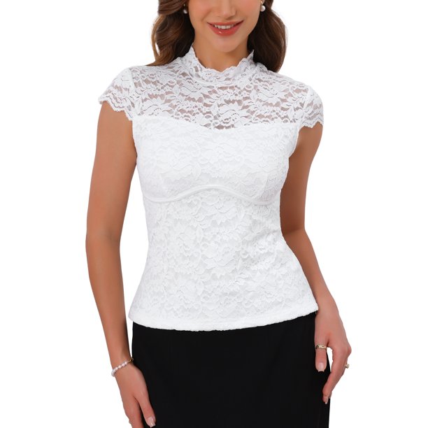 INSPIRE CHIC Top de Encaje para Mujer para la Noche Cuello Simulado Manga Corta Ajustado Vintage Elegante 2XL Blanco
