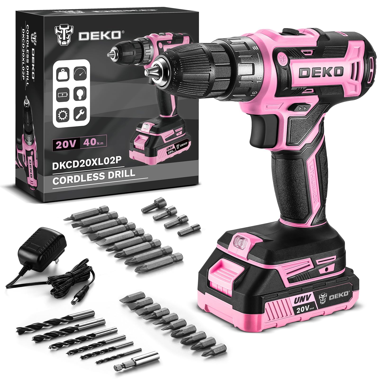 Dekopro - Set De Taladros Eléctricos Inalámbricos Power Drill Deko Pro De 20 V, Color Rosa