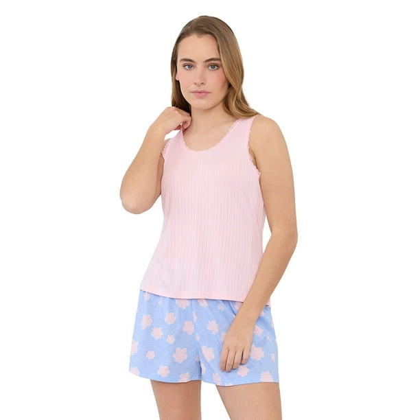 Pijama Mujer Rib Encaje Rosado Flores Corona