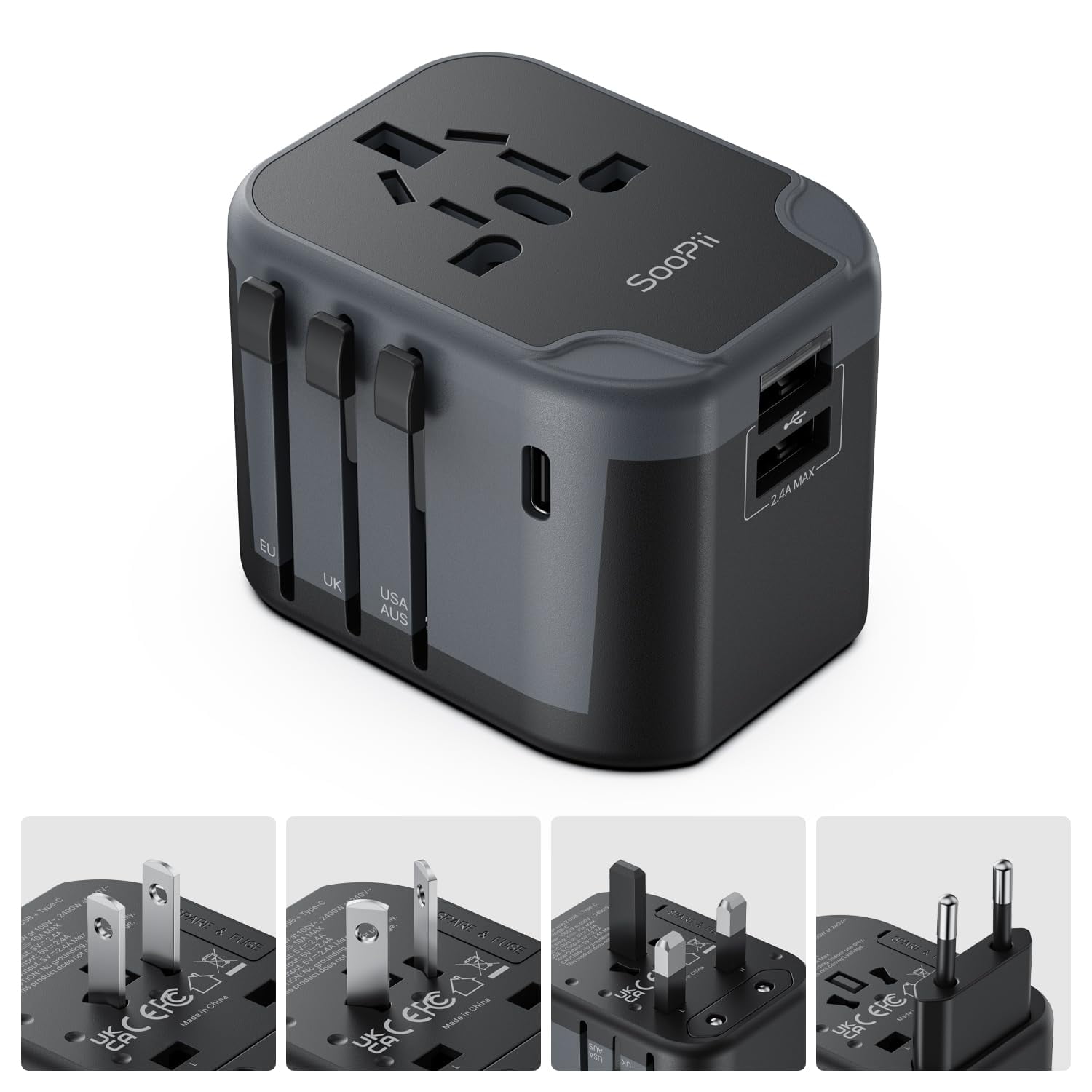 Adaptador De Viaje Universal Soopii 7 En 1 Con Puertos Usb C/a Negro