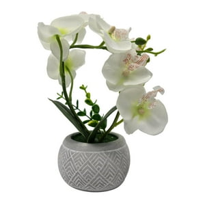 Fliperex - Planta Artificial Orquidea Pequeña Macetero De Cemento Blanco