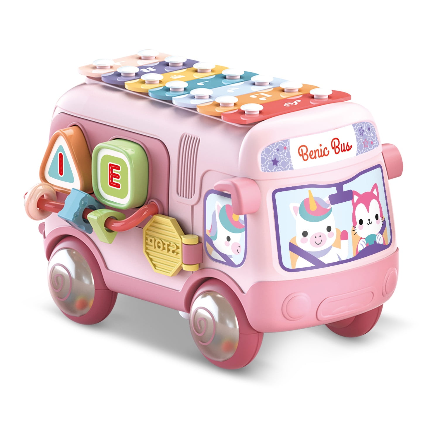 Benic Baby - Autobús Musical Infantil Con Xilófono Y Figuras De Encastre Rosado