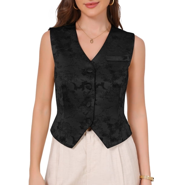 INSPIRE CHIC Chaleco Vintage para Mujer con Cuello en V y Botones Estilo Steampunk Victoriano Chaleco de Traje Jacquard M Negro