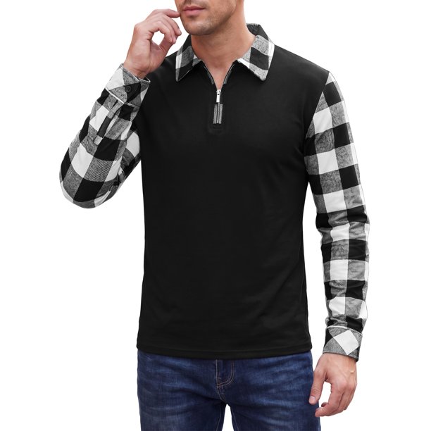 INSPIRE CHIC Camisa Polo de Cuadros para Hombre de Manga Larga con Cremallera Casual para Golf Polo Camisas 2XL Negro