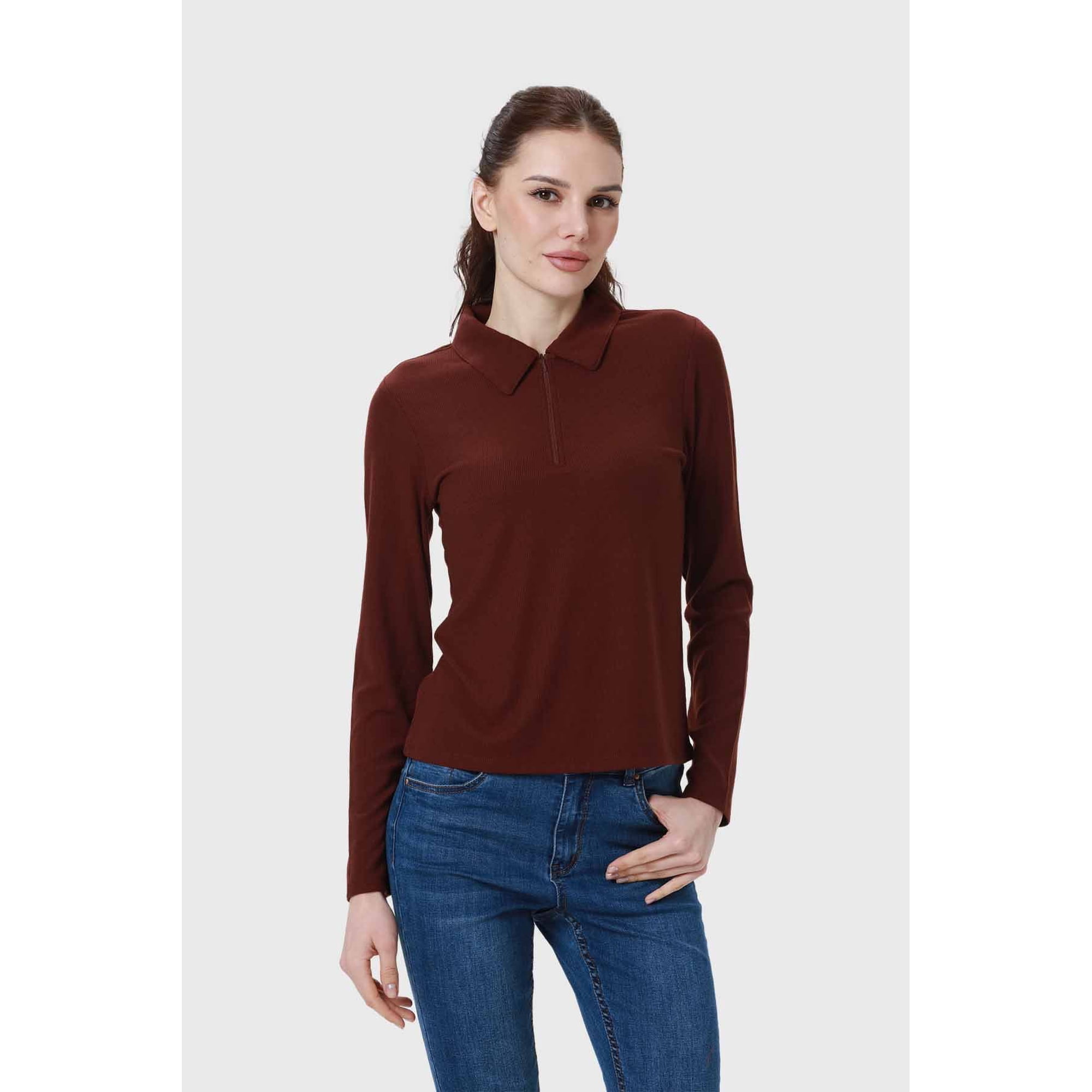 Fashionspark - Polera Mujer Medio Cierre Estampado Café